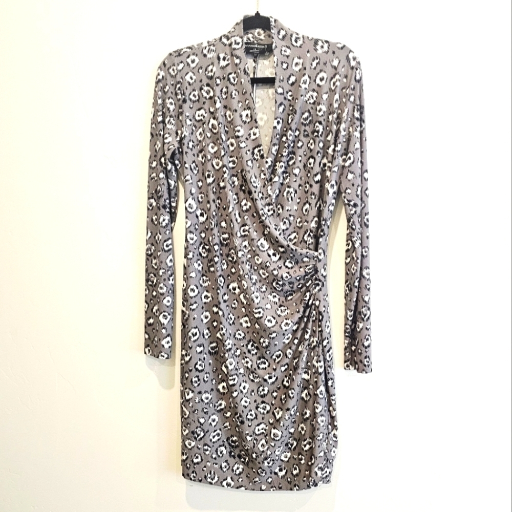 Norma Kamali Jersey Knit Gray And Black Leopard Print Wrap Women's Dress Size L